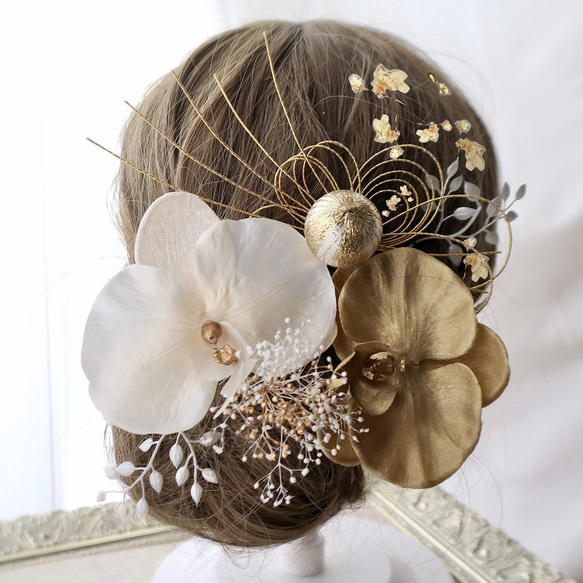 胡蝶蘭 コチョウラン◇結婚式、卒業髪飾り 水引飾り◇水引と金箔、和玉