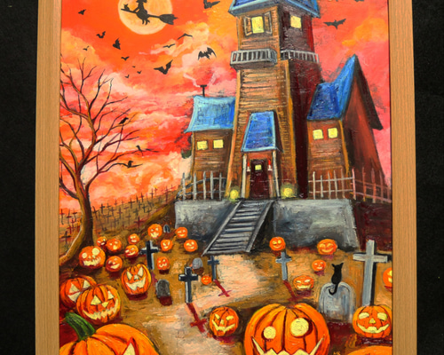 【油彩画】　「ハロウィンリース」　Ｆ3 号　油絵 油彩画】 「ハロウィンリース」 F3 号 油絵 油絵 絵画