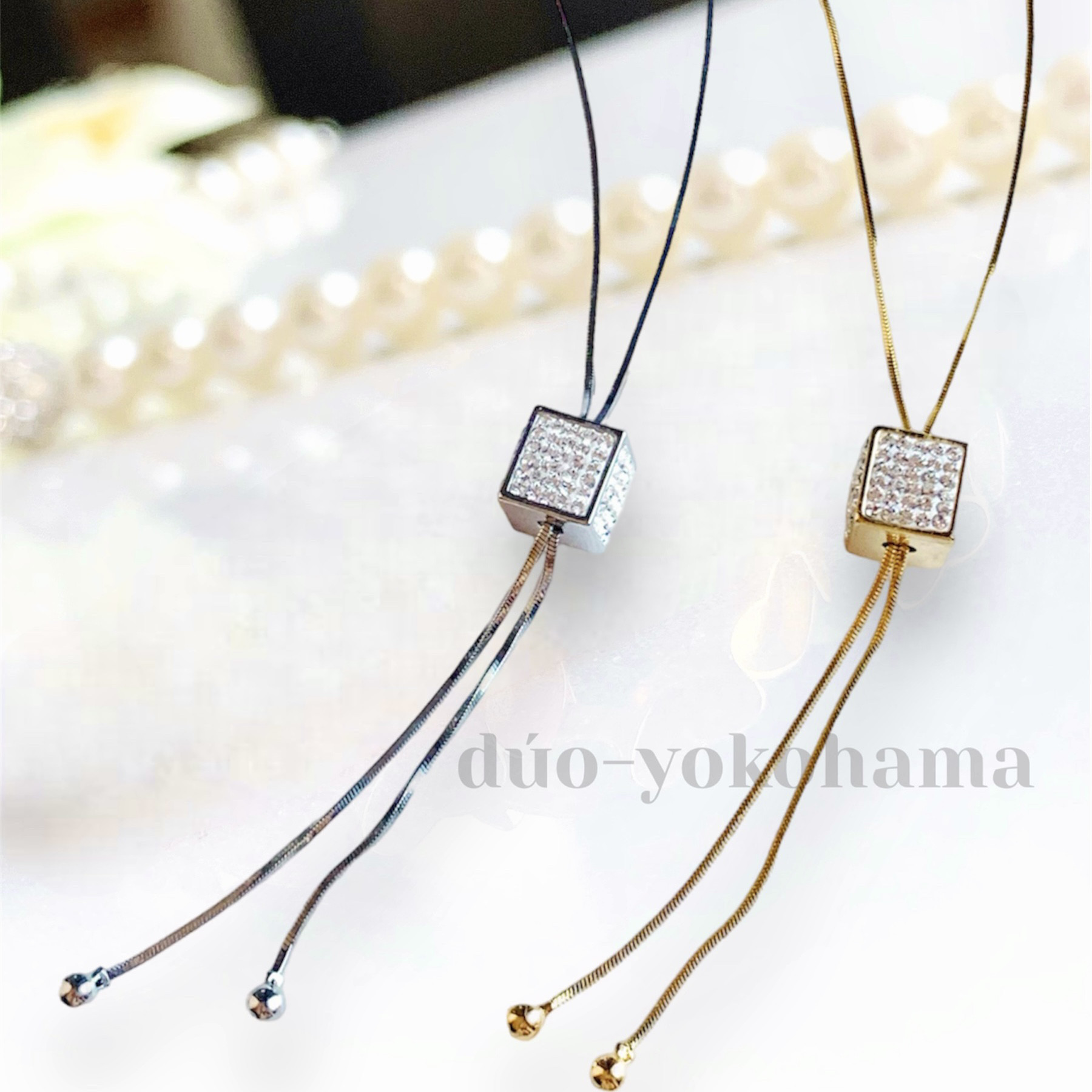 【送料無料】キュービックスライドロングネックレス キューブ　ゴールド