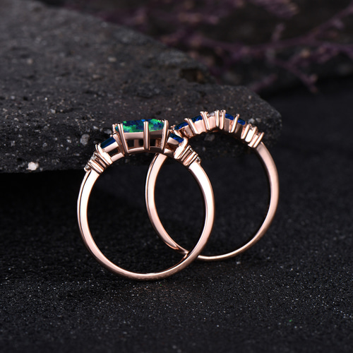 ユニークな 10 月の誕生石 ブラック オパールの婚約指輪セット 9 月の