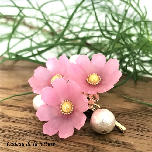 秋桜（コスモス）とコットンパールのポニーフック［ピンク］ ポニー 