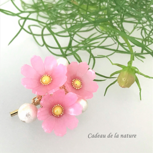 秋桜（コスモス）とコットンパールのポニーフック［ピンク］ ポニー 