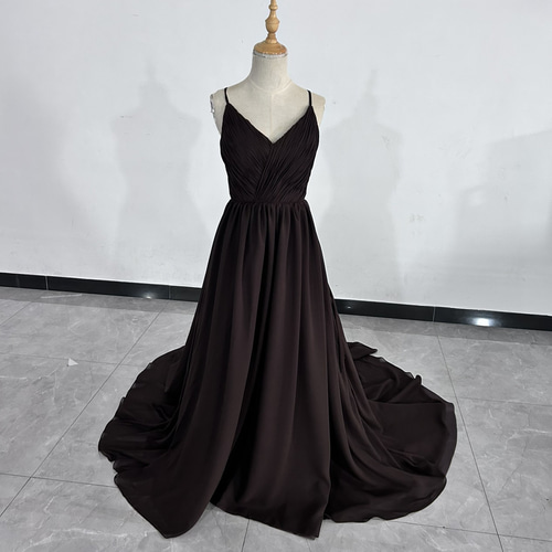 送料無料！黒茶色 カラードレス Vネックドレス キャミソール ロング  