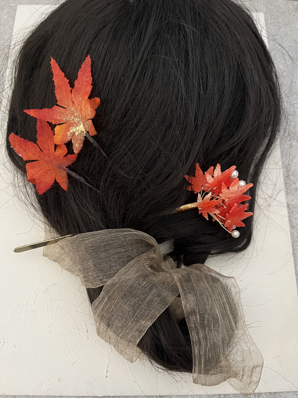 オレンジ　髪飾り　紅葉かんざし 4枚目の画像