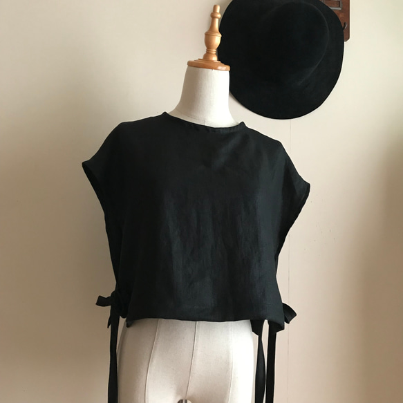 サイドリボンベスト　黒リネン