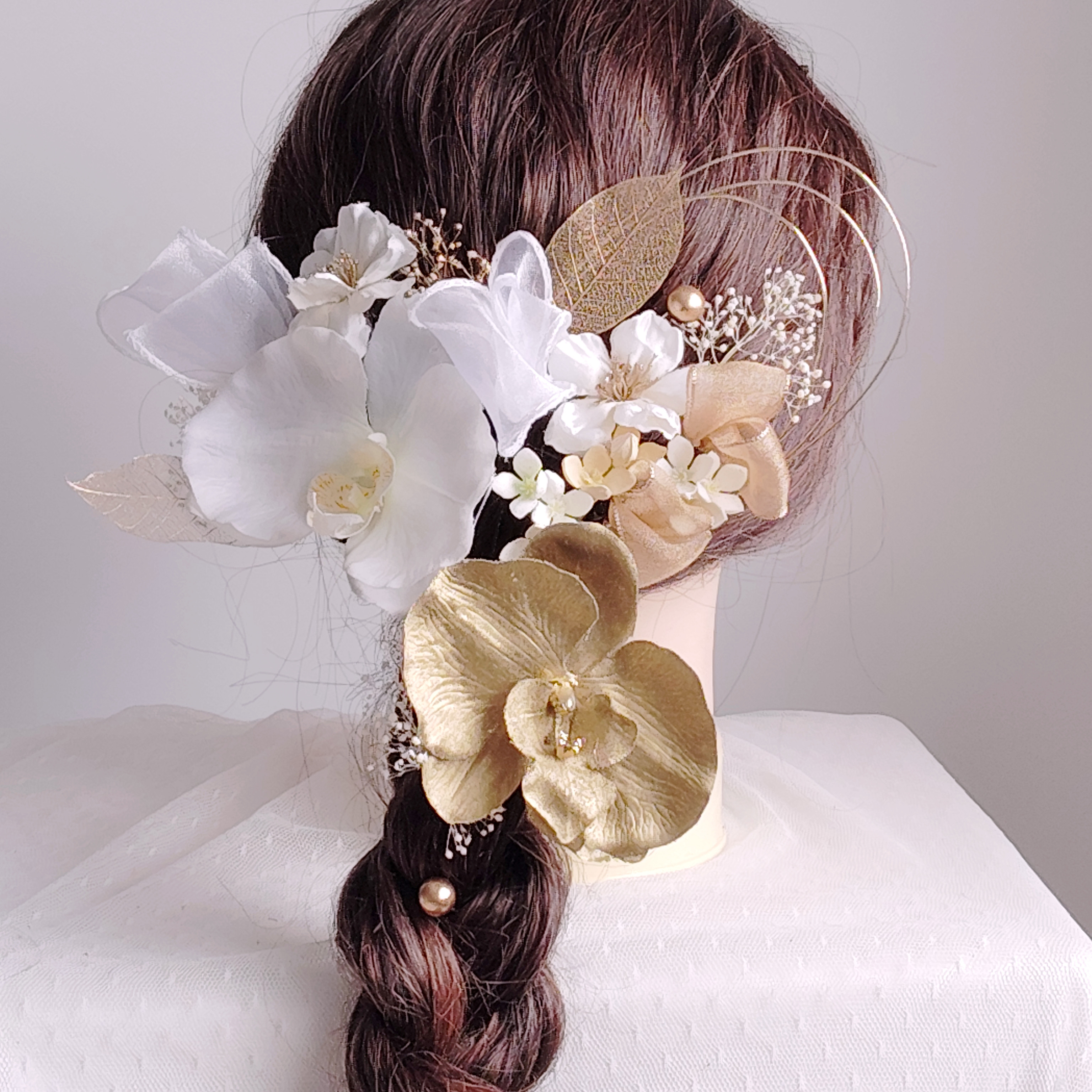 オーガンジーリボンと水引の髪飾り　胡蝶蘭　コチョウラン　リボン　オーガンジーリボン　ツインテール　成人式　卒業式　結婚式