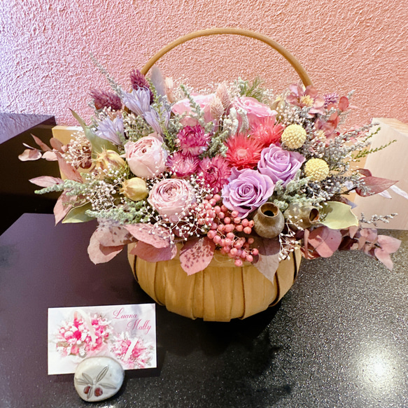 豪華 両面楽しめるラウンド型花籠︎✽表 ピンク・パープル系 裏 くすみ  