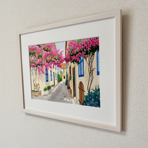 花の咲く路地05」透明水彩画 原画 風景画 額縁付 F4サイズ 絵画 Oni