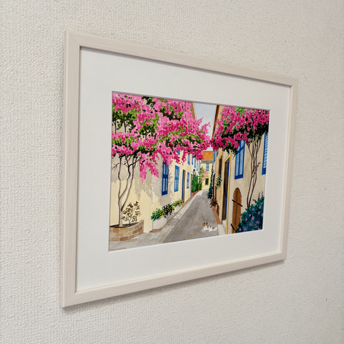 花の咲く路地05」透明水彩画 原画 風景画 額縁付 F4サイズ 絵画 Oni