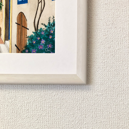 透明水彩画原画「花の咲く路地05」額縁付F4サイズ風景画