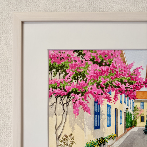 花の咲く路地05」透明水彩画 原画 風景画 額縁付 F4サイズ 絵画 Oni