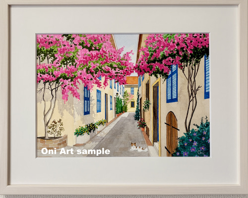 花の咲く路地05」透明水彩画 原画 風景画 額縁付 F4サイズ 絵画 Oni