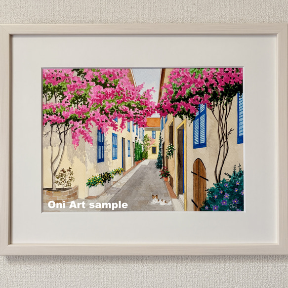 透明水彩画　原画　「花の咲く路地05」額縁付き　F4サイズ　風景画 花の咲く路地05」透明水彩画 原画 風景画 額縁付 F4サイズ 絵画 Oni