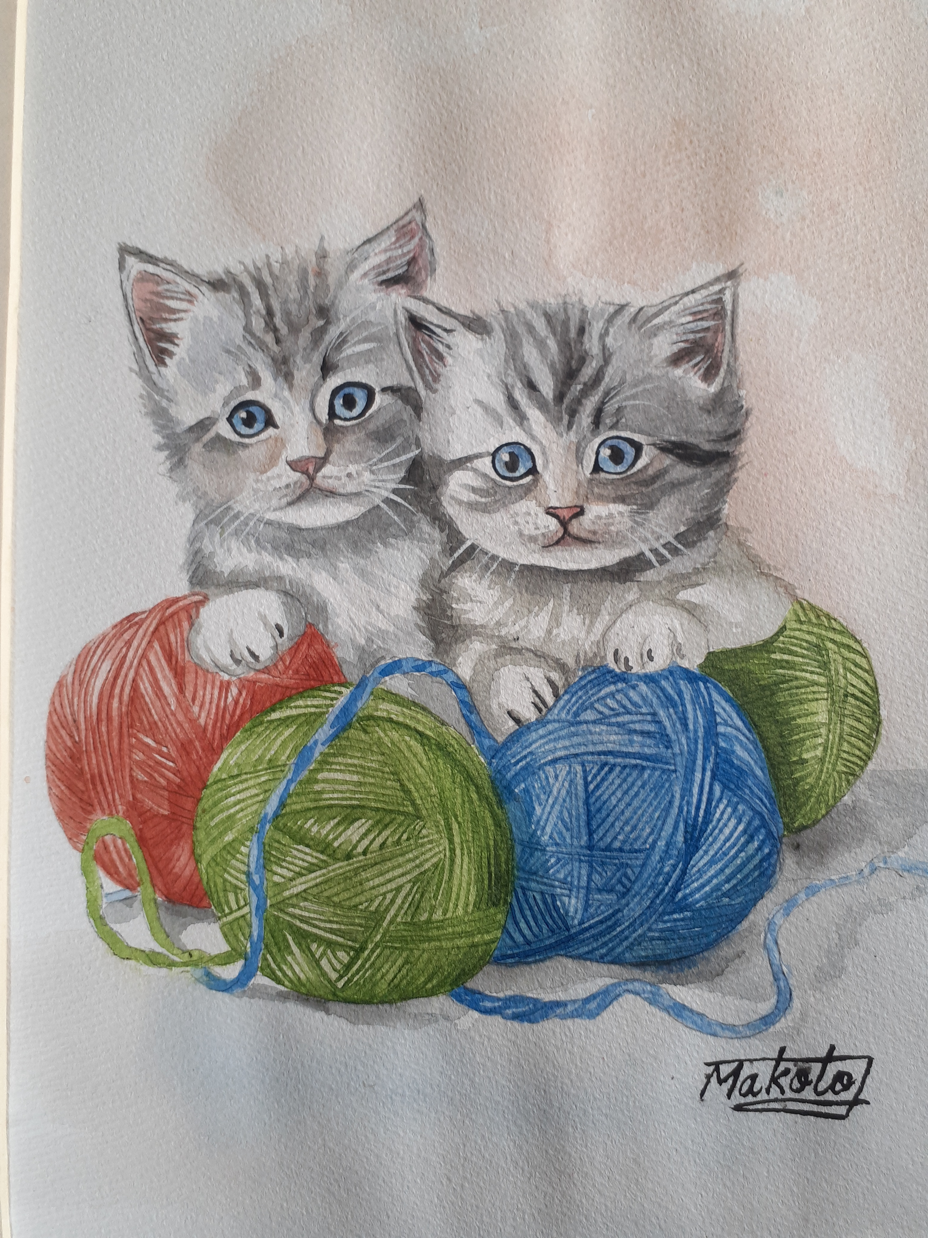 オーダー作品　自作絵画　ふたごのネコ　猫の絵 オーダー作品 自作絵画 ふたごのネコ 猫の絵 美術品