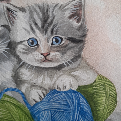 ずっと気になってた いとを様専用No521ドローイング 水彩 絵画 - 美術品 ブルー猫 絵画