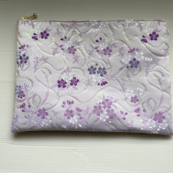 金襴　2柄　ポーチ　25センチ　薄紫とクリーム　数寄屋袋　バッグインバッグ　310 3枚目の画像