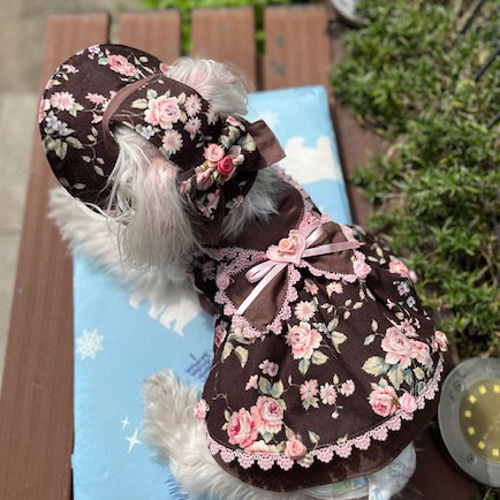 アンティーク調のローズ柄ワンピース ペット服・アクセサリー