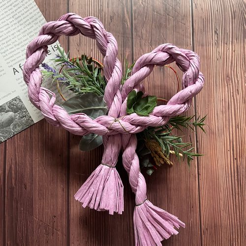 No.89 ハート型カラーしめ縄リース2024 ハンドメイドお正月飾り玄関