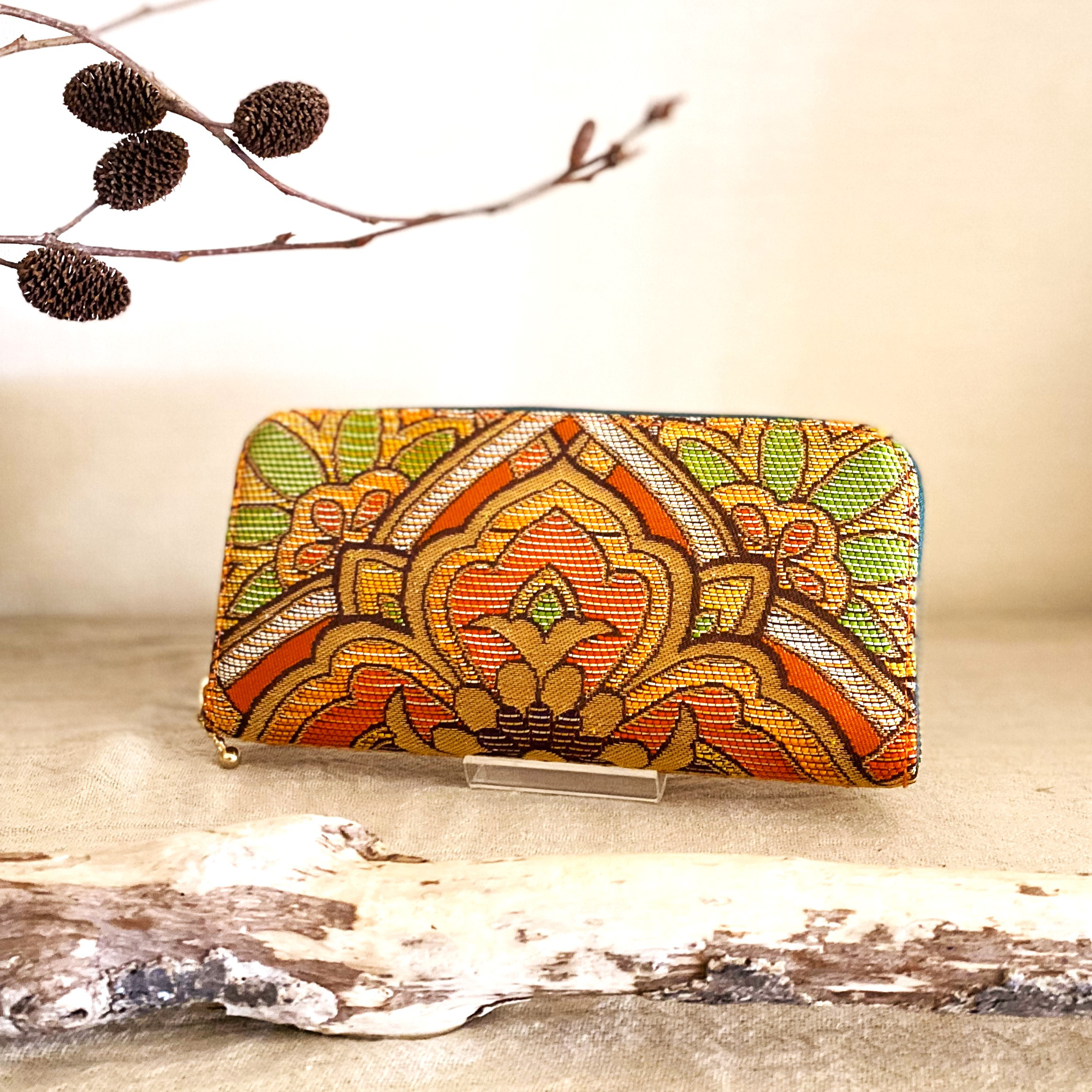 【大容量】obi長財布　「オレンジ×華紋」　帯/シルク/ファスナー