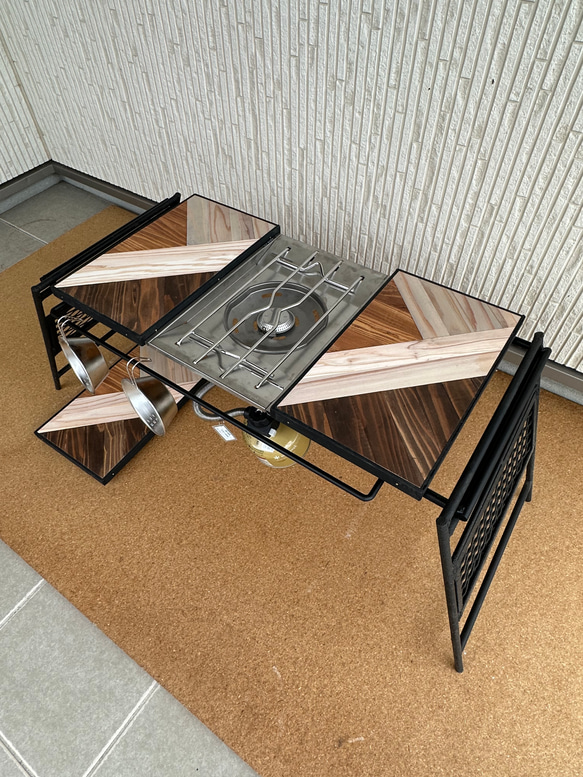 フラットバーナ－テーブルアイアンテーブル 3色ミックス天板 ロー