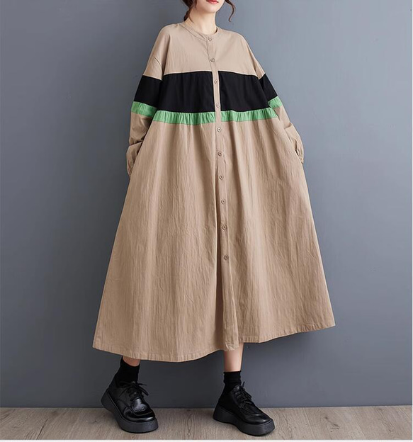 秋韓の新しいゆったりとしたオーバーサイズの洋風継ぎ手ミディアムのルネッサンスレトロ着やせワンピース 3枚目の画像