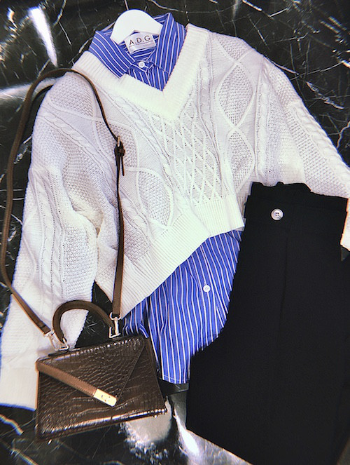 Ribbon Lace Up Cable Knit Sweater (off white) ニット ホワイト ガーリー