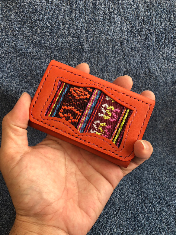 革　名刺入れ　カードケース　ネパール織　レンガオレンジ 3枚目の画像