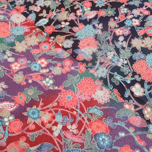 濃紺色 京友禅 紅型 型染め 四季花模様 正絹縮緬生地 丹後 濃紺色 京友禅 紅型 型染め 四季花模様 正絹縮緬生地 丹後