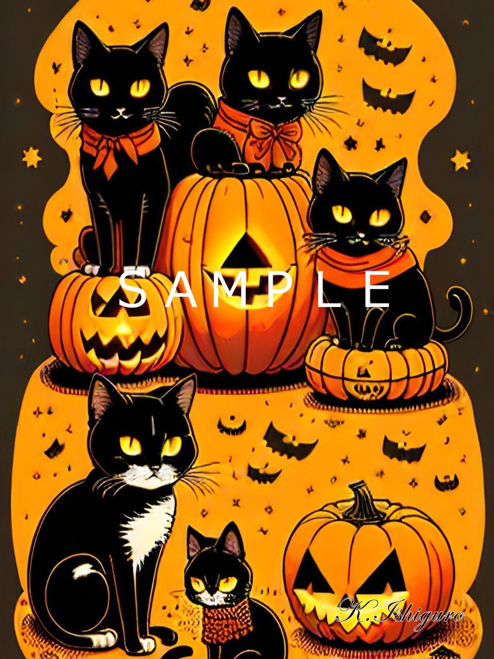 りょうちゃん様予約 絵画「猫の背中にハロウィン／小鳥ブレーメンハロウィン」 ハロウィンの猫(オリジナルイラスト)A4 №s-3276 イラスト