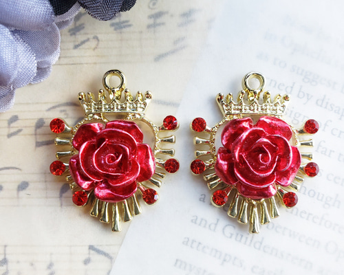 2個 大 薔薇 ローズ 王冠 ハート ゴシック パーツ チャーム/赤