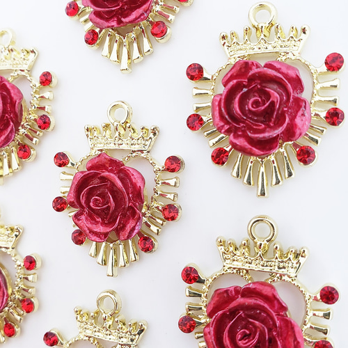 2個 大 薔薇 ローズ 王冠 ハート ゴシック パーツ チャーム/赤