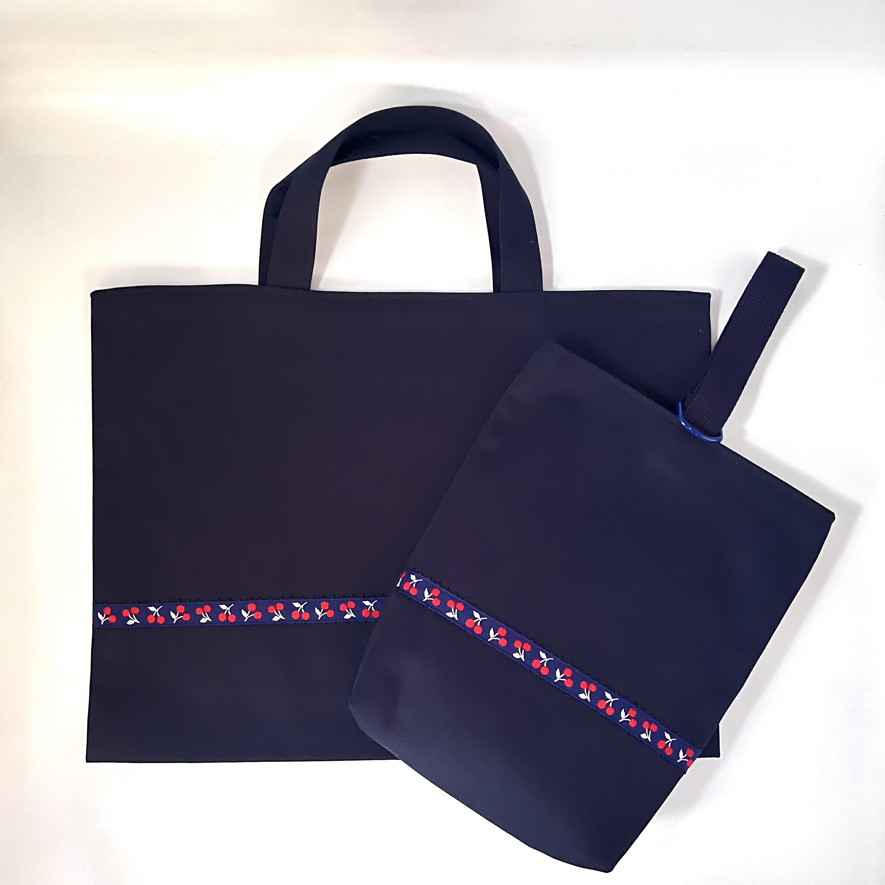 さくらんぼ 紺色 リボン チェック レッスンバッグ 上履き袋 受験 入学