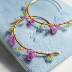 粉紅藍寶石小花環形耳環 14k 金填充 第1張的照片
