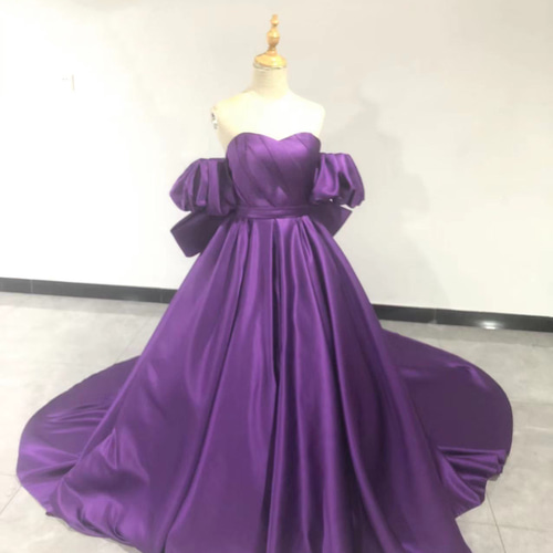 高品質！ カラードレス パープル プリンセスライン ミニトレーン 姫袖  