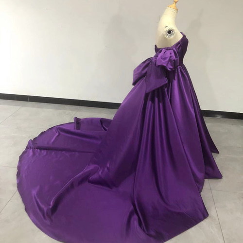 高品質！ カラードレス パープル プリンセスライン ミニトレーン 姫袖  