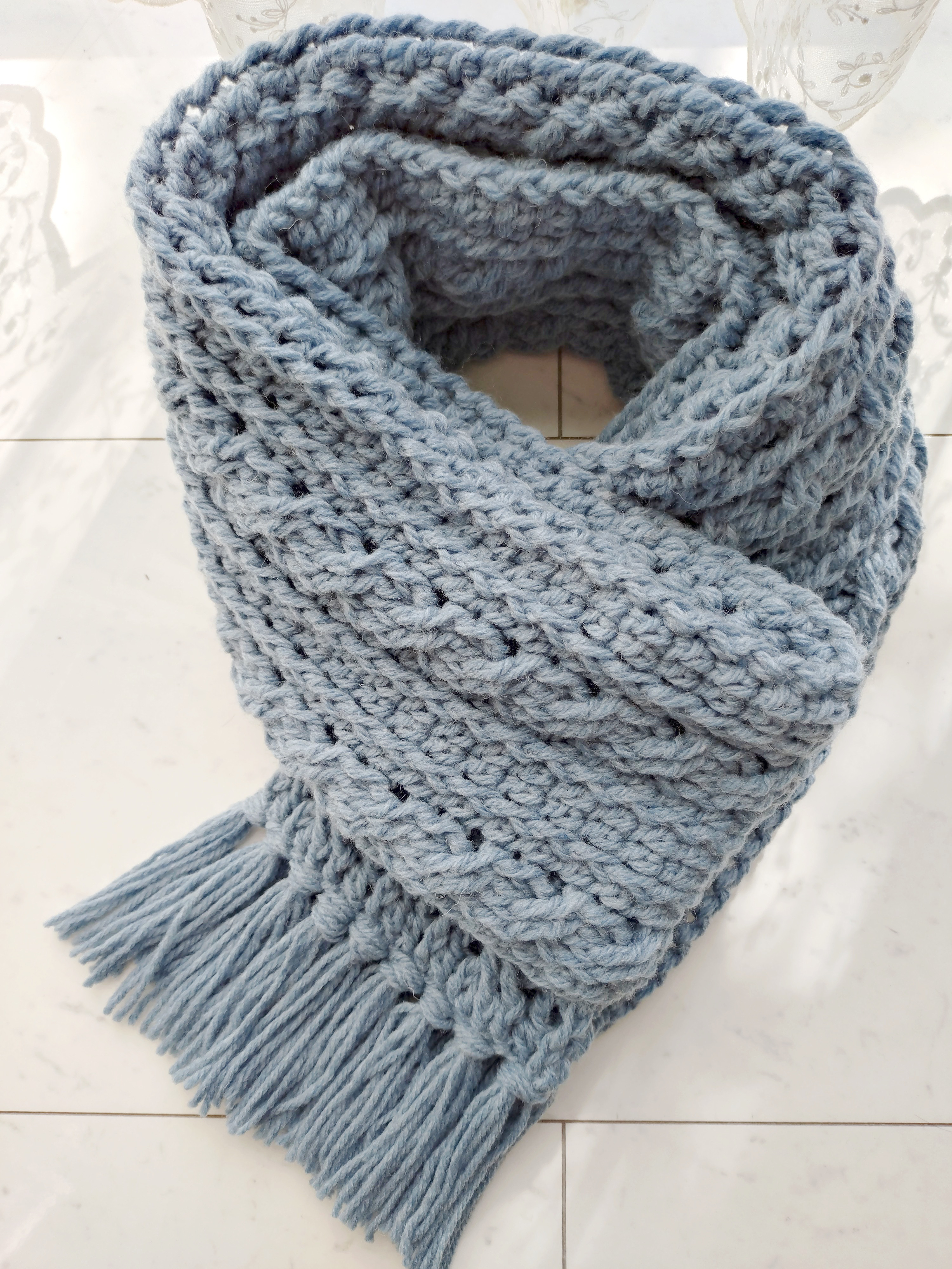 ハンドメイド アラン模様マフラー レンガ色 手編み