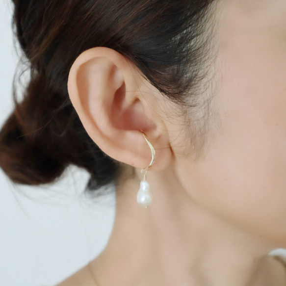 水滴淡水珍珠雙耳耳夾/鉤形耳環 第5張的照片