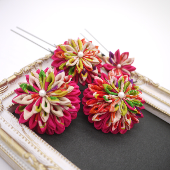 在庫整理】つまみ細工 Uピンかんざし 4点セット アンティーク着物古布  