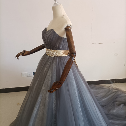 カラードレス ブルーグレー ソフトチュール ベアトップ 結婚式 ドレス  