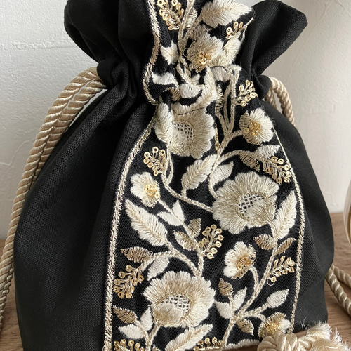 インド刺繍リボン＊巾着バッグ ショルダーバッグ 肩掛け