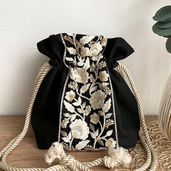 インド刺繍リボン＊巾着バッグ ショルダーバッグ 肩掛け