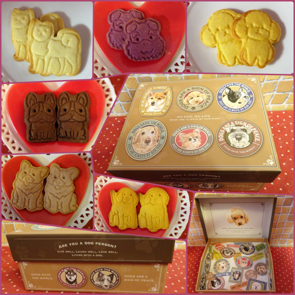 ハンドメイド　オーダー受付ページ　　♡どら焼きサンドわんこ　パネル♡ 犬のイラスト貼り箱に犬の形のクッキー6袋詰め合わせ