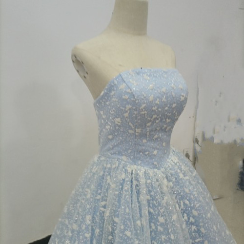 高品質！ ウェディングドレス 薄青 3D立体レース刺繍 取り外し袖  