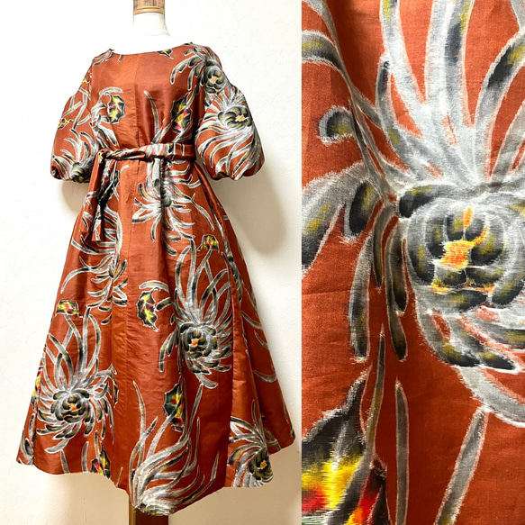 銘仙 パフスリーブAラインワンピース 着物リメイク ワンピース eterlna  