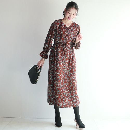 New秋色【ボタニカル柄】くすみブルー×ブラウン配色ロング丈ジョー  