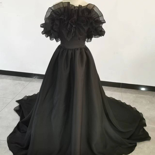 カラードレス 黑 オフショルダー 人気上昇 2次会 花嫁 ドレス  