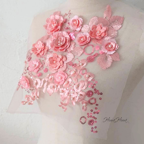 スパンコール刺繍レース フラワーモチーフ立体お花モチーフレース