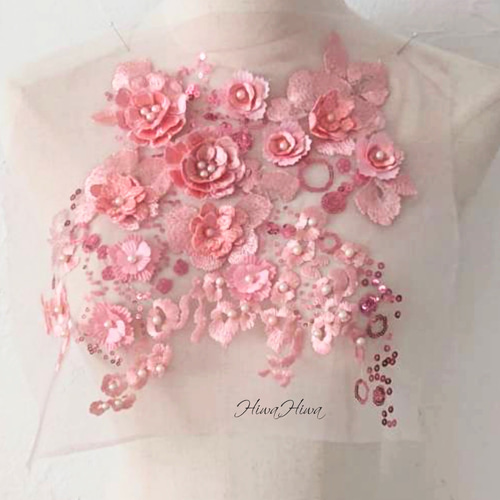 スパンコール刺繍レース フラワーモチーフ立体お花モチーフ