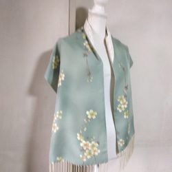 着物リメイク　ショール　小紋　化繊　桜　ミントグリーン　裏地 シルク　セレモニー 6枚目の画像