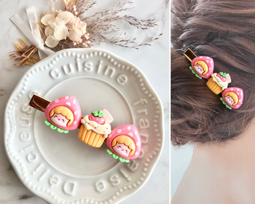ꫛꫀꪝ【苺のカップケーキ】ベビーヘアクリップ　キッズヘアクリップ　ヘアピン ꫛꫀꪝ【苺のカップケーキ】ベビーヘアクリップキッズヘア